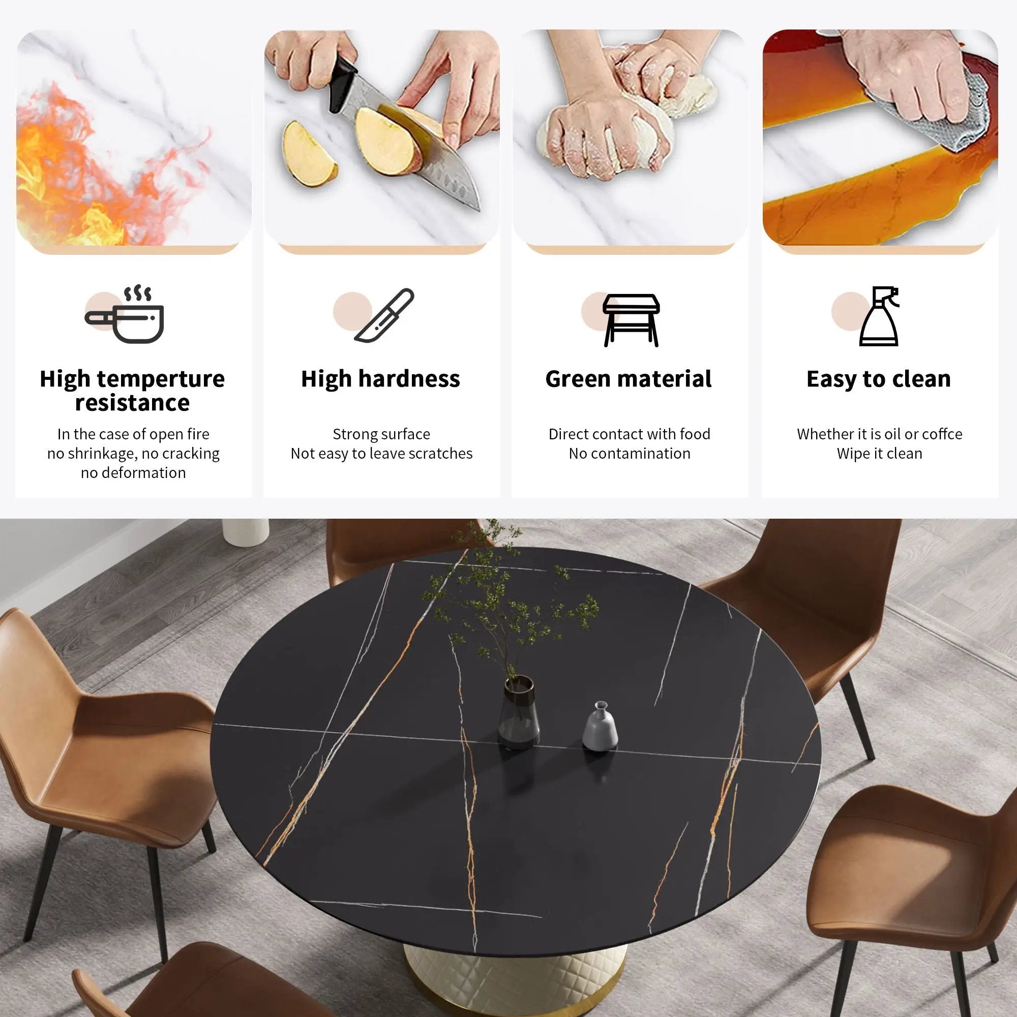 59.05" Modern Artificial Stone Round Carbon Steel Base Dining Table, Can Accommodate 6 People - Black / White by HouseOfZazla