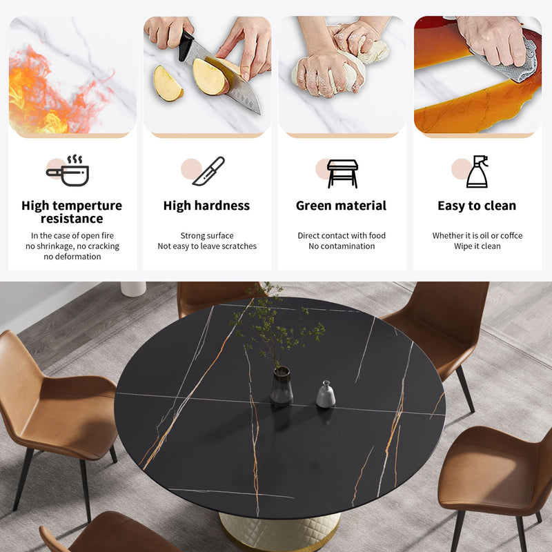 59.05" Modern Artificial Stone Round Carbon Steel Base Dining Table, Can Accommodate 6 People - Black / White by HouseOfZazla