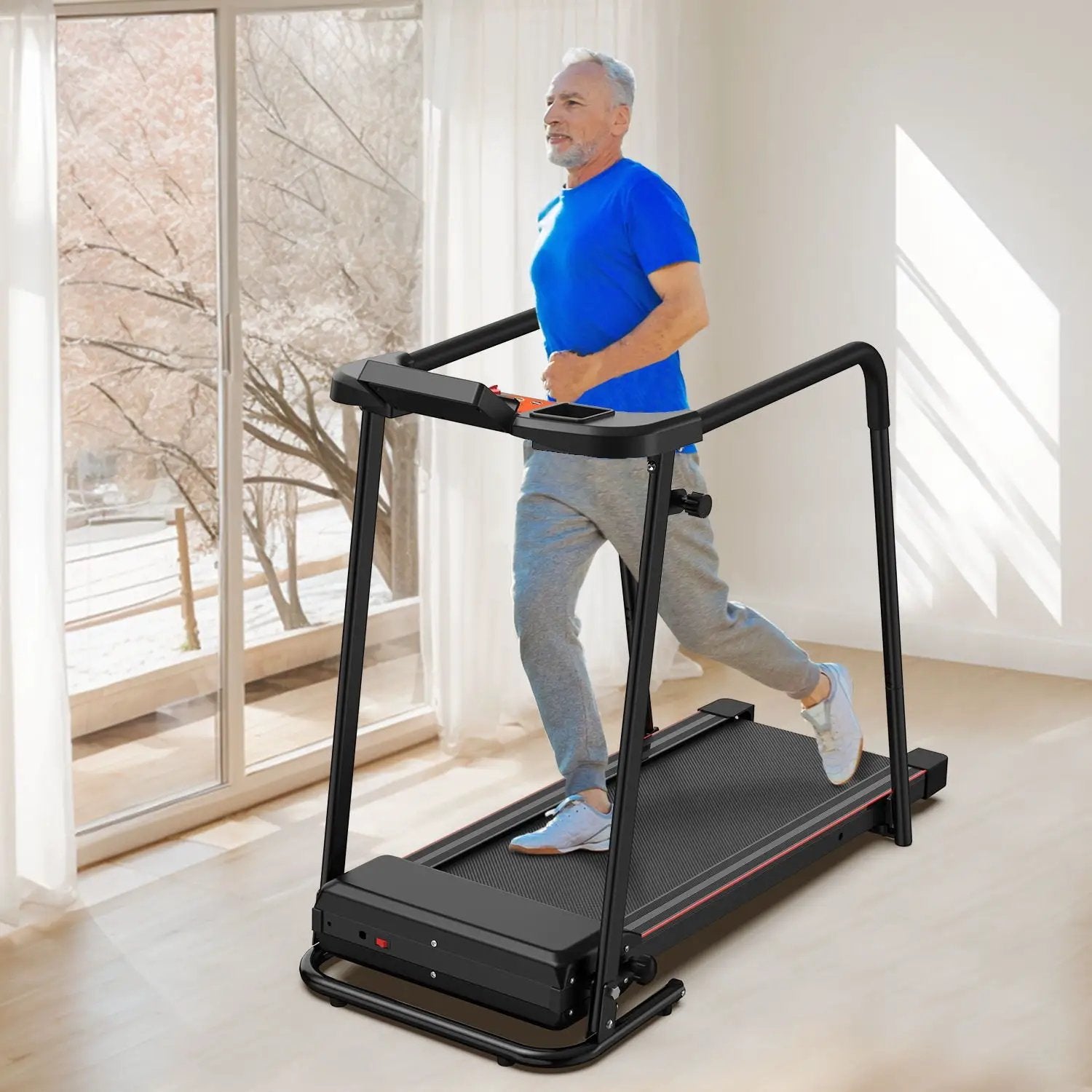 Home Fitness Treadmill With Extended Handrails, Portable Foldable Design - Black / Orange by HouseOfZazla