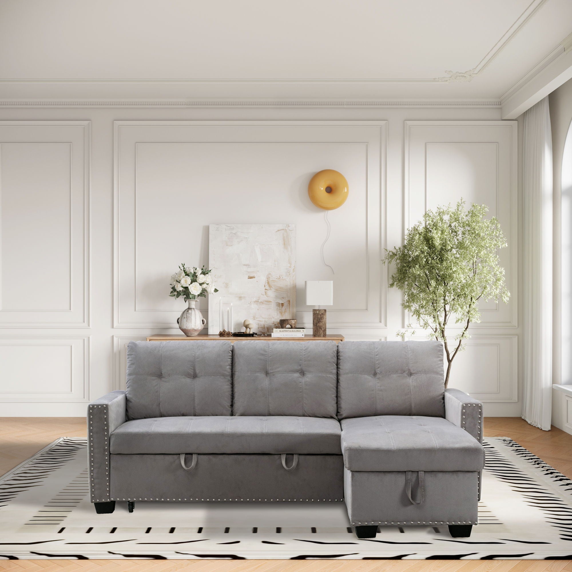 Reversible Sectional Storage Sleeper Sofa Bed, L-Shape 2 Seat Sectional Chaise With Storage, Skin-Feeling Fabric by HouseOfZazla
