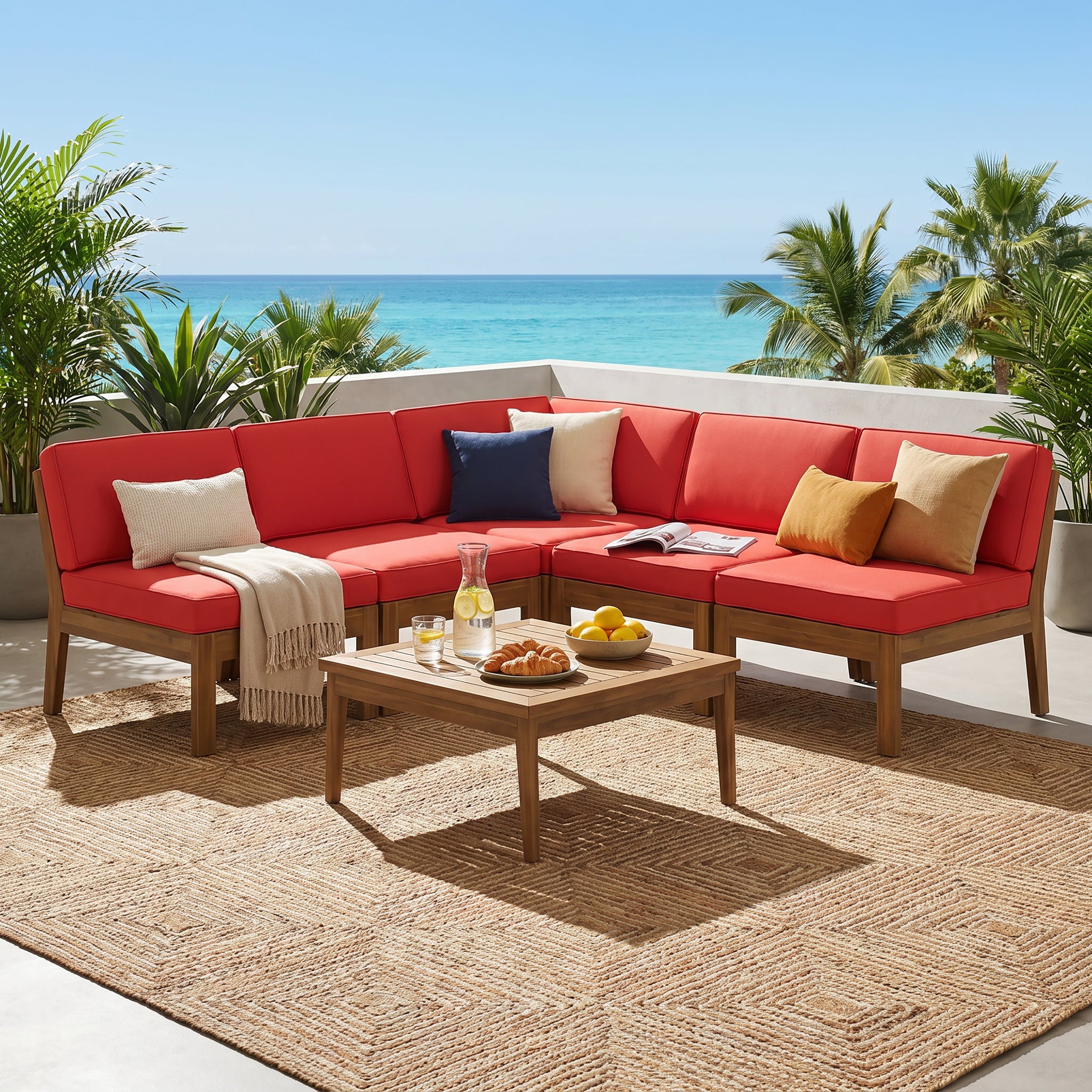 Grenada 5 Seater Acacia Wood Sectional Armless Sofa Set, Teak + Red by HouseOfZazla