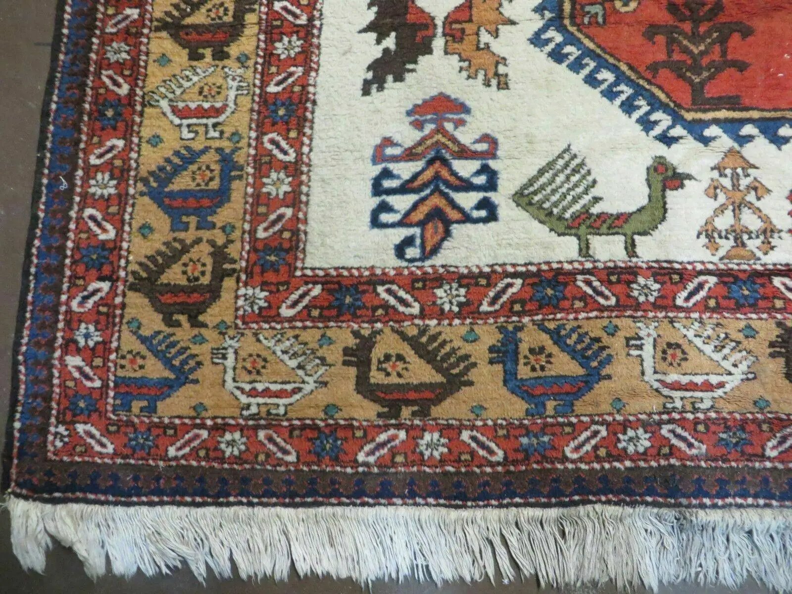 7' X 10' Vintage Handmade Knotted Turkish Wool Rug Birds Animal Ivory Organic by Jewel Rugs