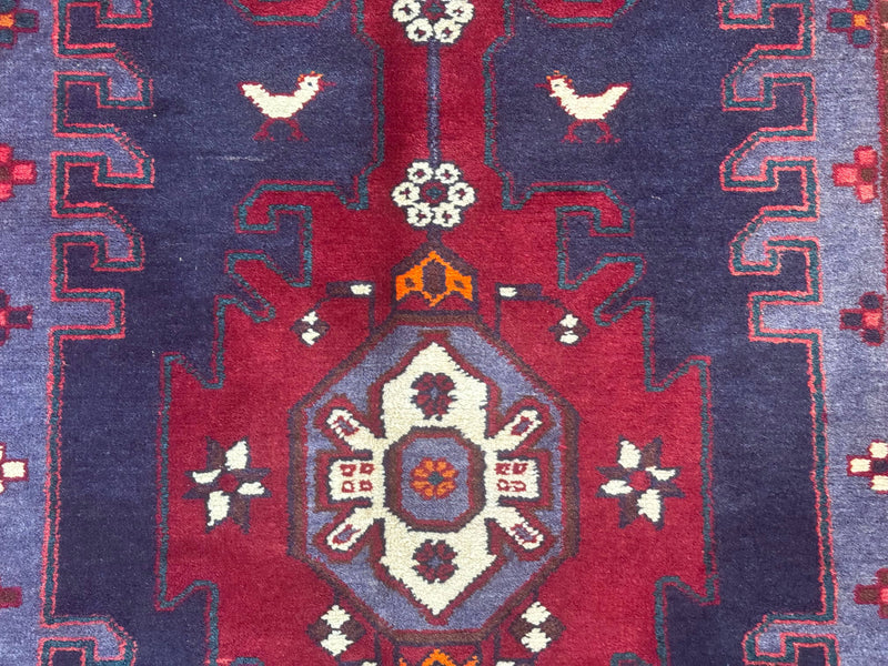 Persian Karajeh Runner Rug 3.6 x 9.5, Geometric Medallions, Tribal Village Rug, Navy Blue, Handmade by Jewel Rugs