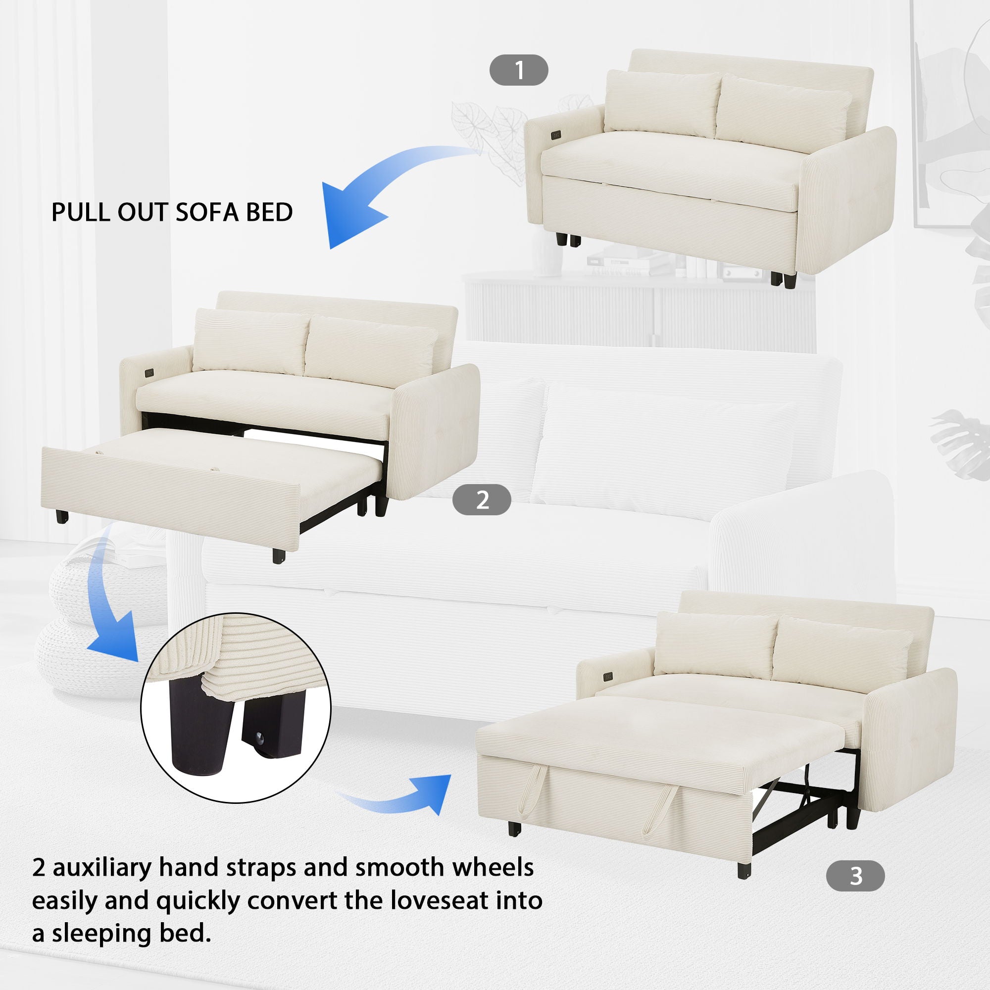 Pull-Out 2 Seat Modern Sleeper Sofa With 2 Throw Pillows And USB Ports by HouseOfZazla
