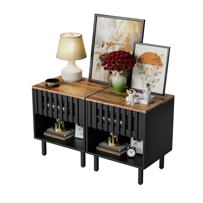 Set of 2 Mid Century Modern Nightstand with Grille Striped Doors, by BLAKHOM