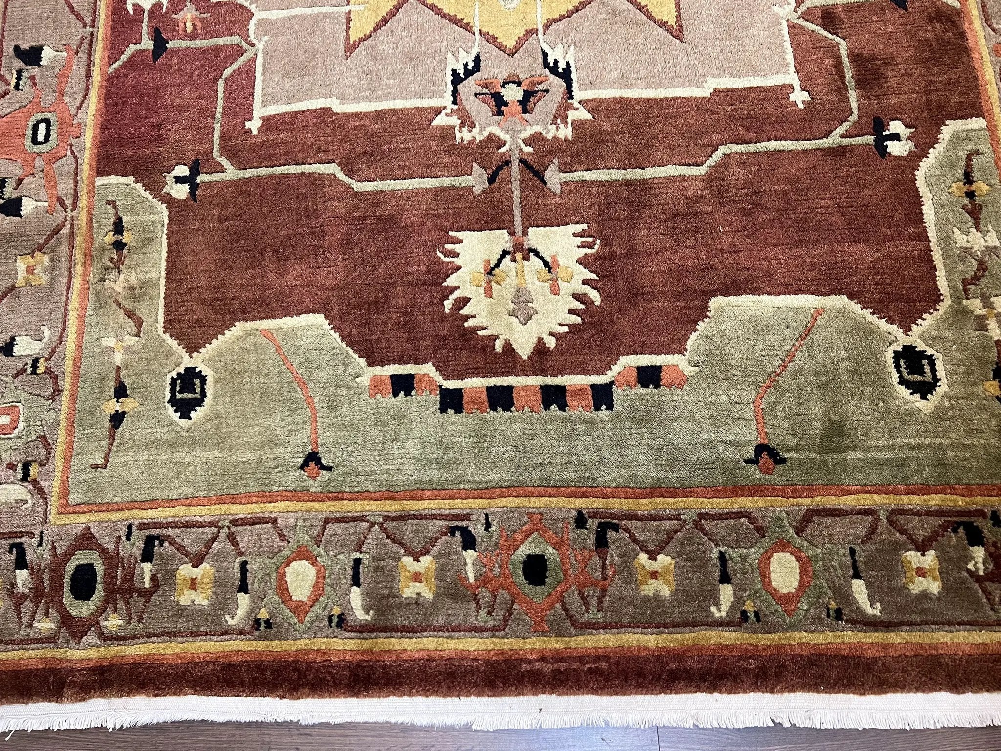 Tibetan Rug 7x10, Geometric Medallion, Red Green Taupe, Hand Knotted, Soft Wool Area Rug, Contemporary Carpet, Handmade Nepali Rug 7 x 10 ft by Jewel Rugs