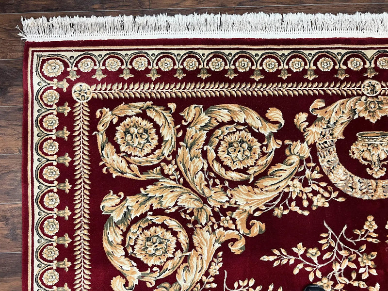Aubusson Rug 9x12, Wool Handmade Carpet, Elegant French European Design, Dark Maroon Red, 9 x 12 Room Sized Rug, Finely Hand Knotted by Jewel Rugs
