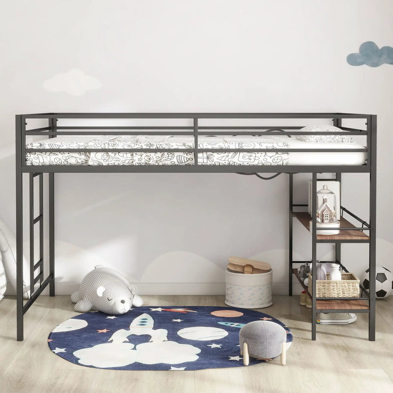 Adam - Twin Loft Bunk Bed With Cinnamon Wood Shelf - Black by HouseOfZazla