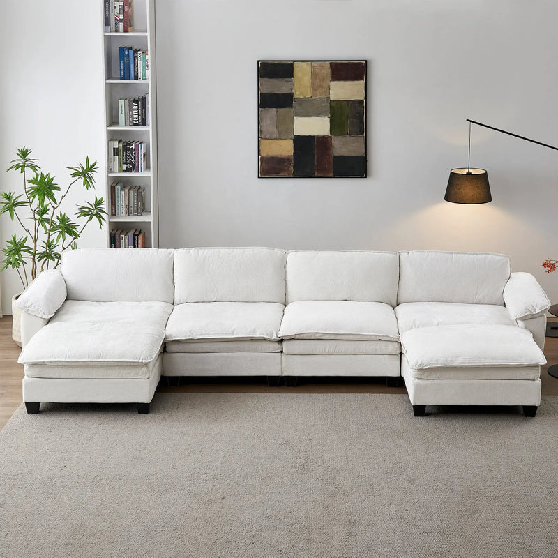 Living Room Furniture Sofa Luxury Couch Four Seater with Two Ottomans Soft Chenille Upholstered U Shape Sofa by HouseOfZazla