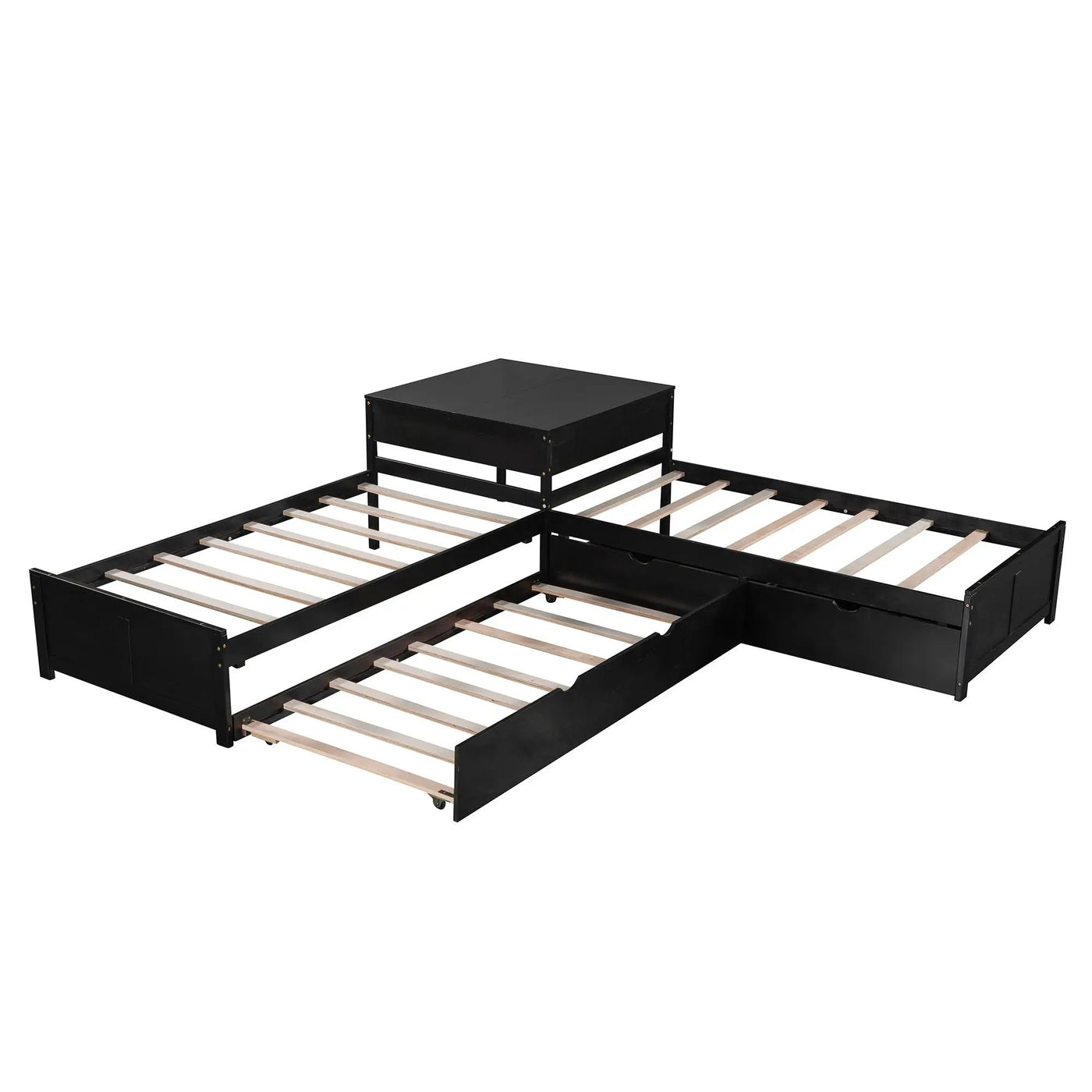 L Shaped Platform Bed With Trundle And Drawers Linked With Built In Desk by HouseOfZazla