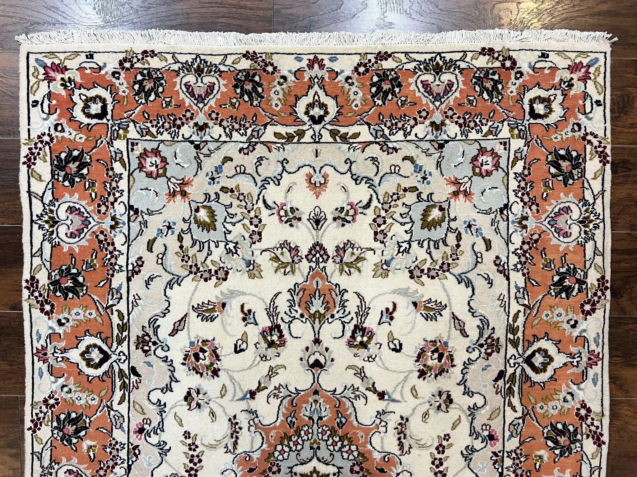 Persian Tabriz Rug 4.5 x 6.8, Finely Hand Knotted Wool with Silk Highlights Vintage Oriental Carpet, Cream and Salmon, High KPSI, Floral Medallion by Jewel Rugs
