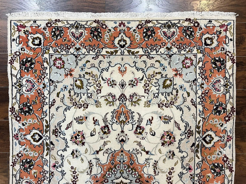 Persian Tabriz Rug 4.5 x 6.8, Finely Hand Knotted Wool with Silk Highlights Vintage Oriental Carpet, Cream and Salmon, High KPSI, Floral Medallion by Jewel Rugs