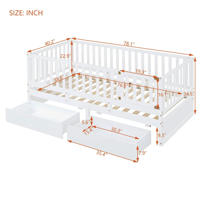 Daybed With Fence Guardrails And 2 Drawers, Split Into Independent Floor Bed & Daybed by HouseOfZazla