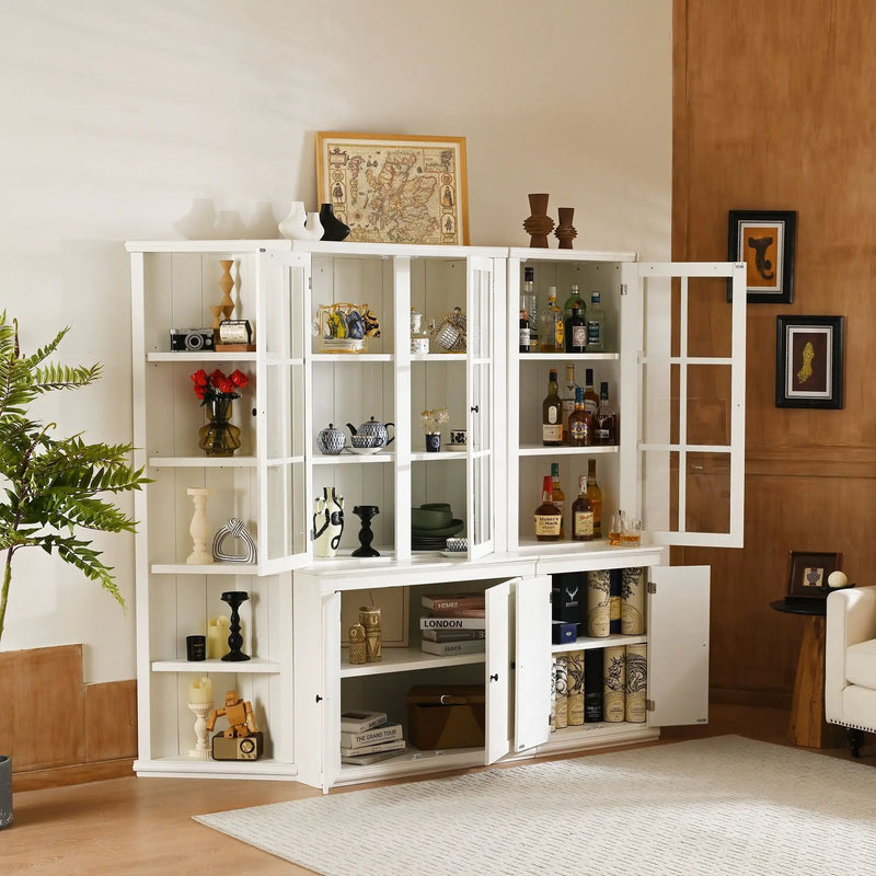 Retro Style Wall Suit With Glass Doors, 75.25" Tall Display Cabinets & Triangle Sided Bookshelves - White by Unique Piece Furniture