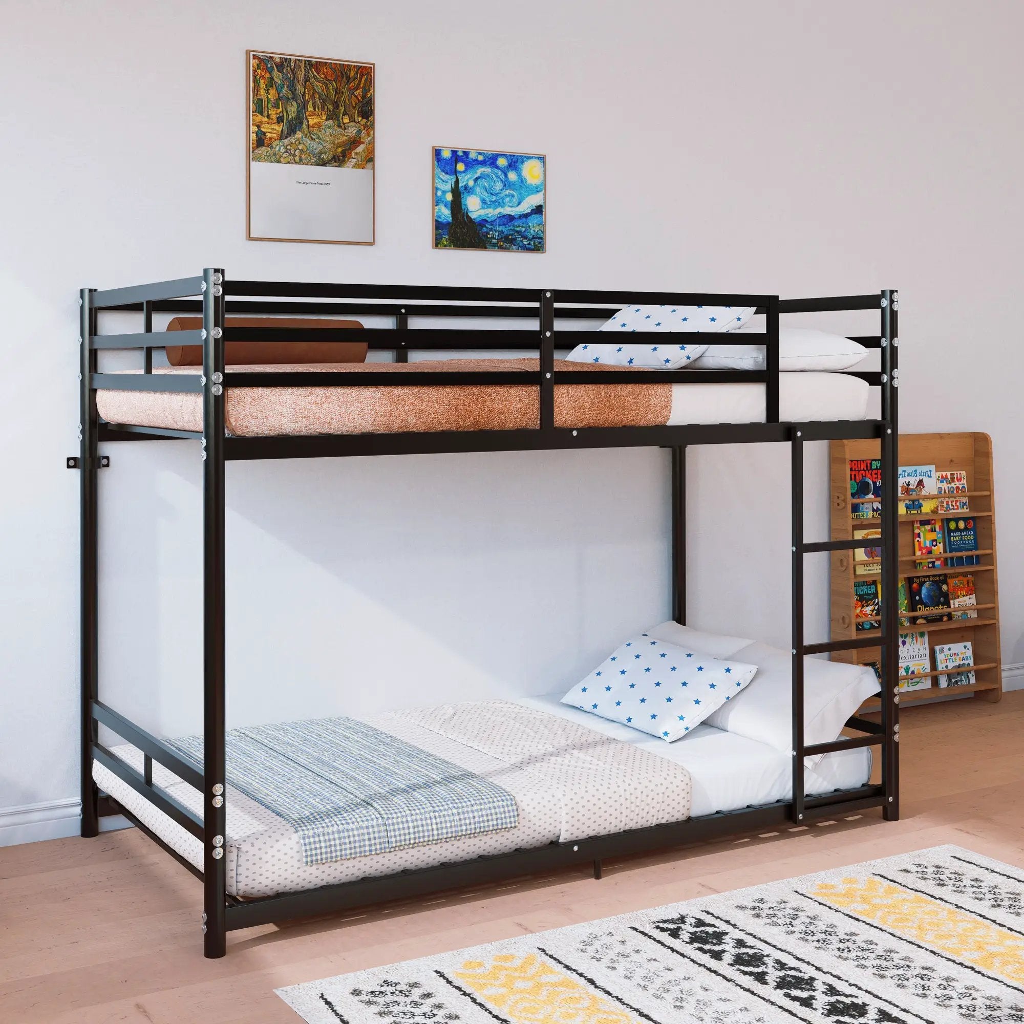 Bunk Bed with Ladder and High Guardrail Metal Bunk Bed, Storage Space, Noise Free, Twin Over Twin Size by HouseOfZazla