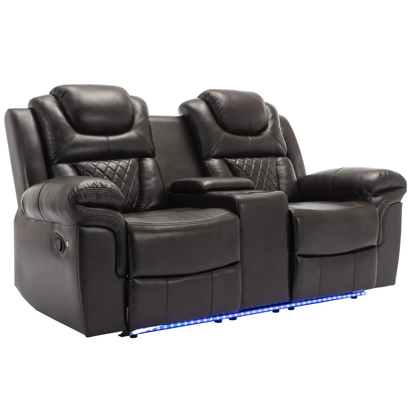 Home Theater Seating Manual Recliner Loveseat With Hide-Away Storage, Cup Holders And Led Light Strip For Living Room by Unique Piece Furniture