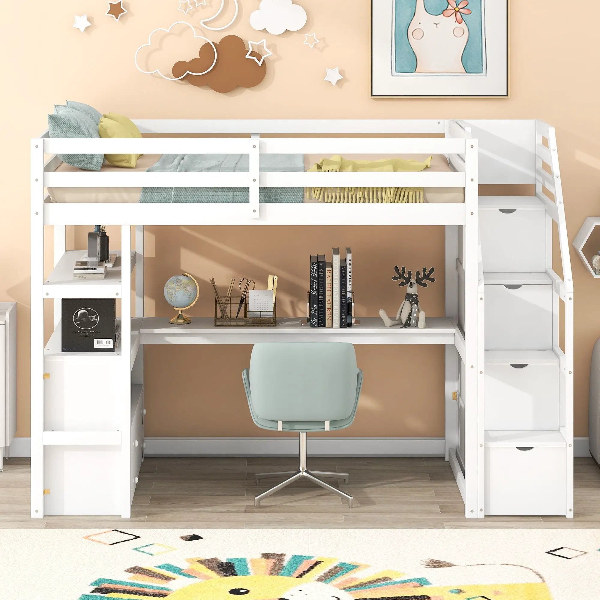 Loft Bed With Desk, Shelves, 2 Drawers, Storage Staircase by HouseOfZazla