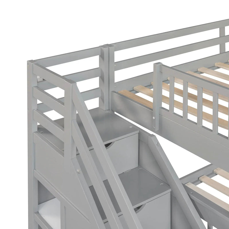 Solid L Shaped Bunk Bed With 3 Drawers, Ladder And Staircase