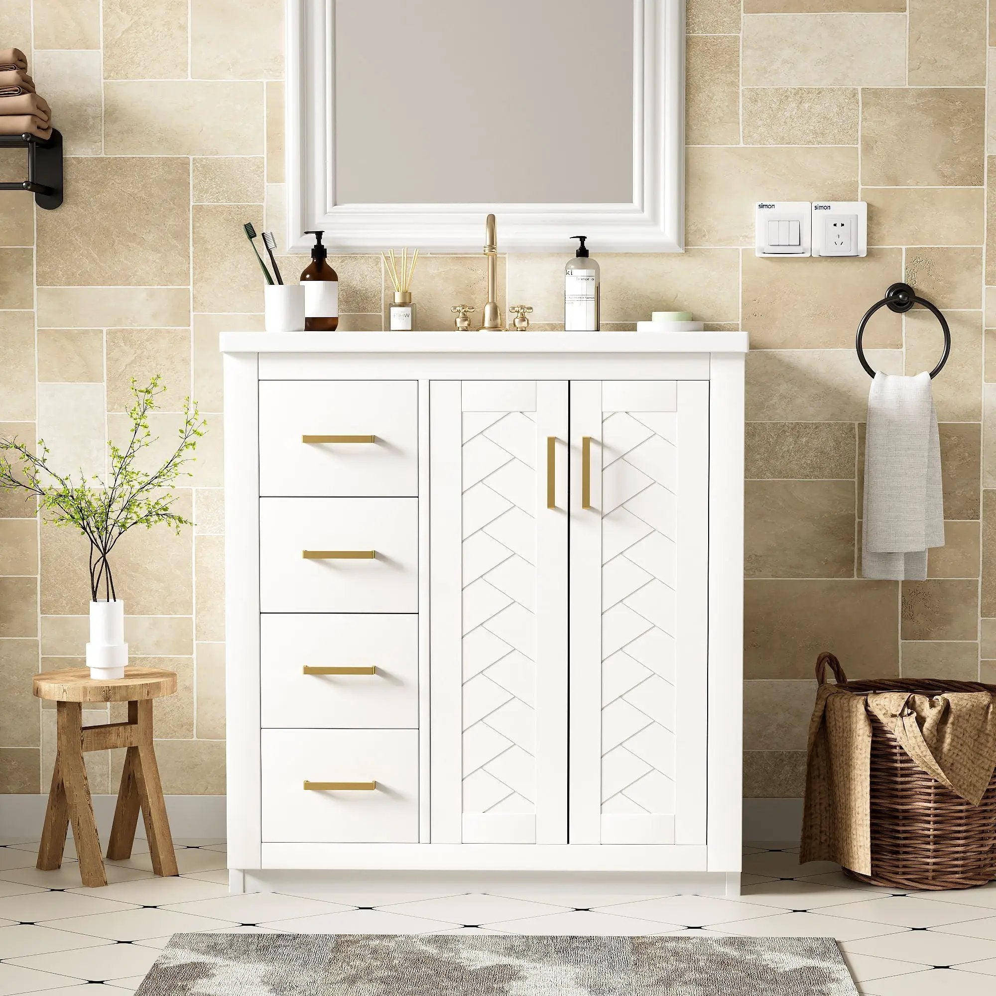 Ceramic Sink Combo, Freestanding Vanity Set With 3 Drawers & Soft Closing Doors by Unique Piece Furniture