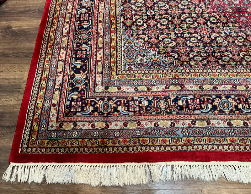 Indo Persian Bidjar Rug 10x14, Red and Dark Blue, Herati Mahi Pattern, Vintage by Jewel Rugs
