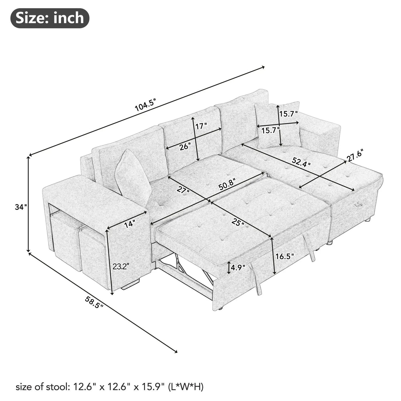 Modern L-Shape 3 Seat Reversible Sectional Couch, Pull Out Sleeper Sofa With Storage Chaise And 2 Stools For Living Room Furniture Set by Unique Piece Furniture