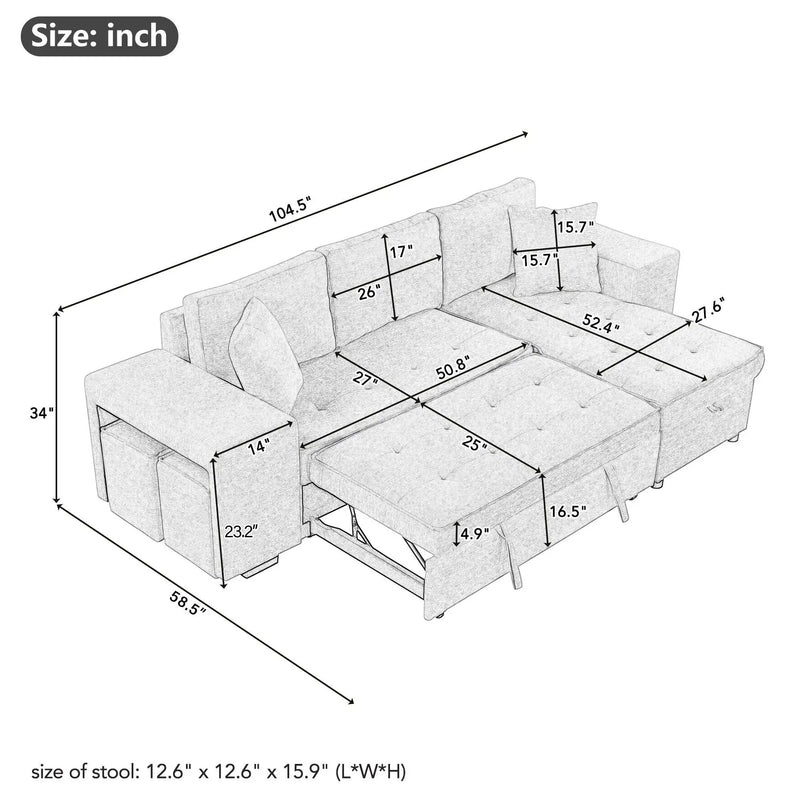 Modern L-Shape 3 Seat Reversible Sectional Couch, Pull Out Sleeper Sofa With Storage Chaise And 2 Stools For Living Room Furniture Set by Unique Piece Furniture