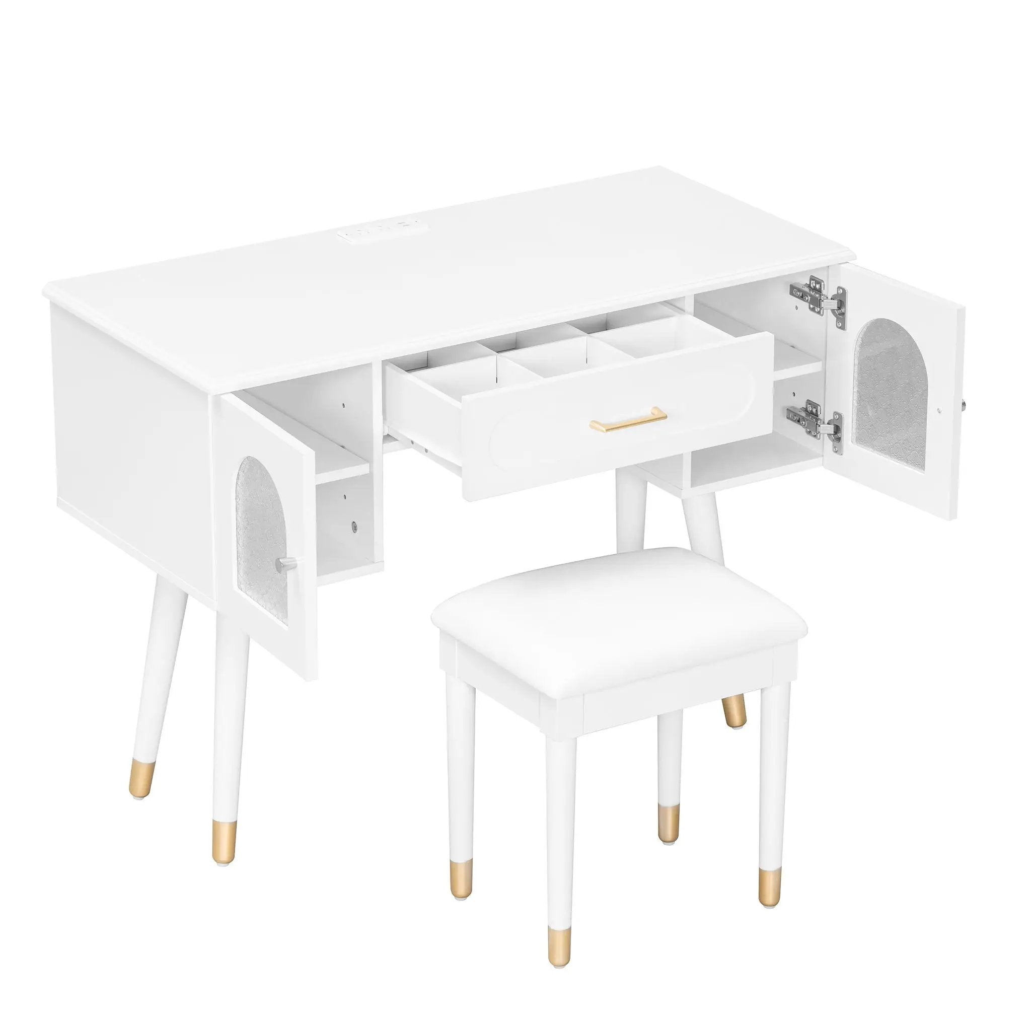 Elegant Vanity Makeup Table & Chair Set Modern Dressing Table With Organizer Writing Desk Charging Port Engineered Wood - White by Unique Piece Furniture