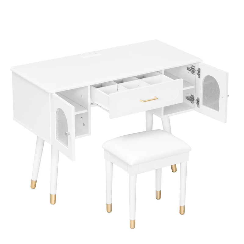 Elegant Vanity Makeup Table & Chair Set Modern Dressing Table With Organizer Writing Desk Charging Port Engineered Wood - White by Unique Piece Furniture