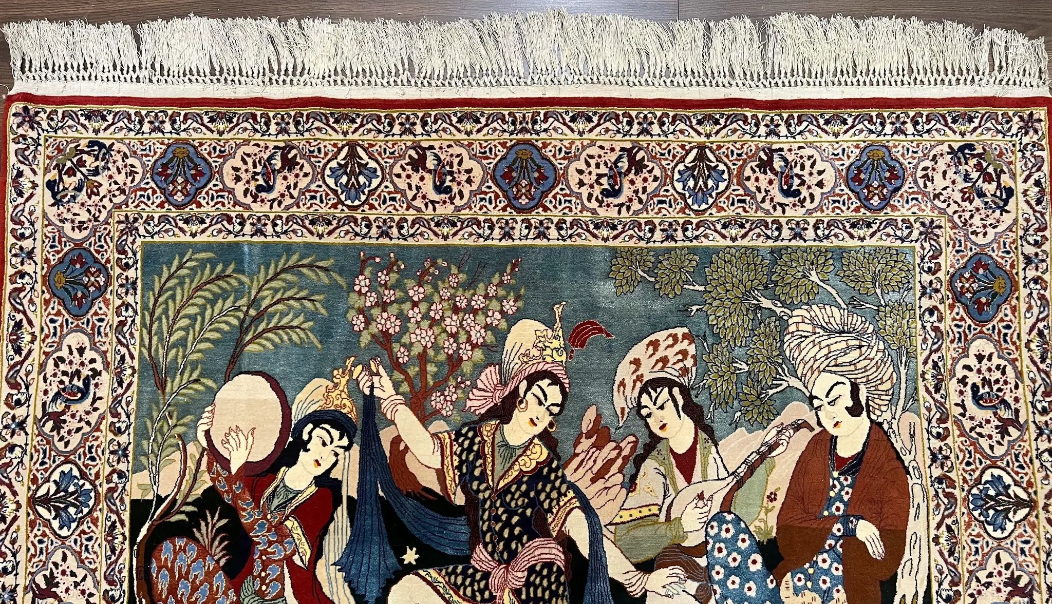 Persian Pictorial Rug 5 x 4 ft, Persian Isfahan Rug, Kork Wool on Silk Foundation, Signature from Master Weaver, Drums and Musical Instruments, Birds, Detailed by Jewel Rugs