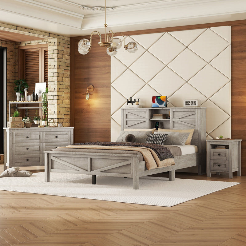 3-Pieces Bedroom Set Queen Size Farmhouse Platform Bed with Storage Headboard and Charging Station by HouseOfZazla