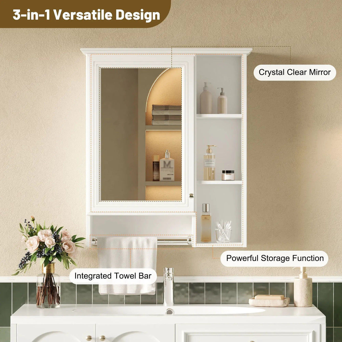 Modern 3 In 1 Bathroom Mirror Cabinet With Adjustable Shelf & Towel Bar by Unique Piece Furniture