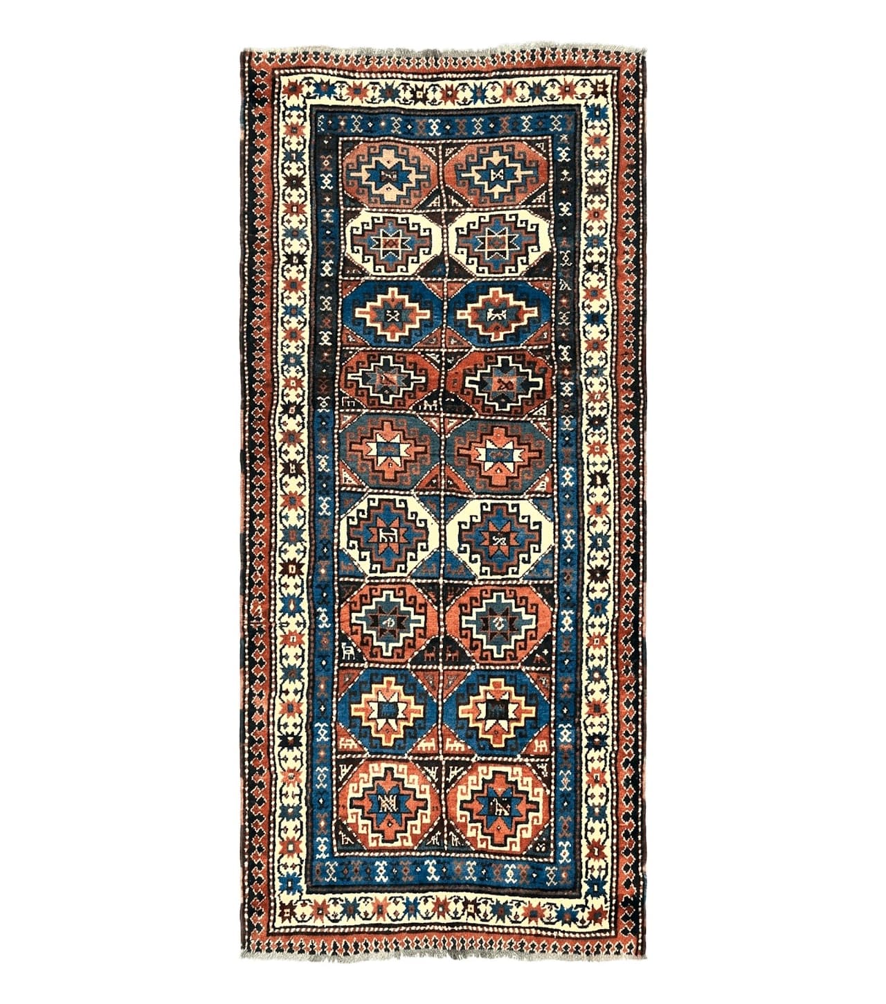 Antique Caucasian Kazak Runner Rug 4 x 9.5, Handmade Wool Rug for Hallway, Rare Colorful Panel Design Mid 19th Century 1870s Oriental Carpet by Jewel Rugs