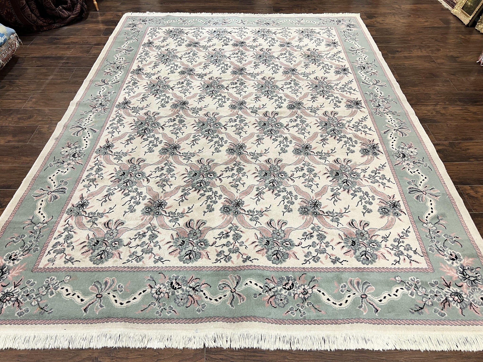 Belgium Power Loomed Rug 8x11, Ivory and Green, Wool Carpet, Floral by Jewel Rugs