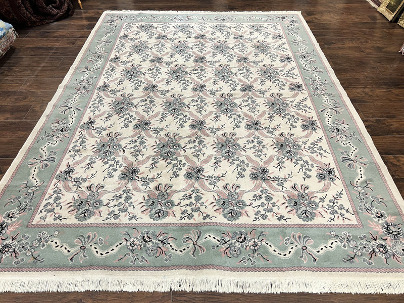 Belgium Power Loomed Rug 8x11, Ivory and Green, Wool Carpet, Floral by Jewel Rugs