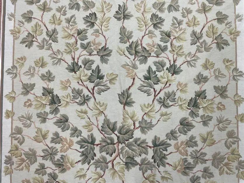 Aubusson Needlepoint Rug 9x12, Flatweave Carpet, Leaves, Wool, New, Handmade by Jewel Rugs