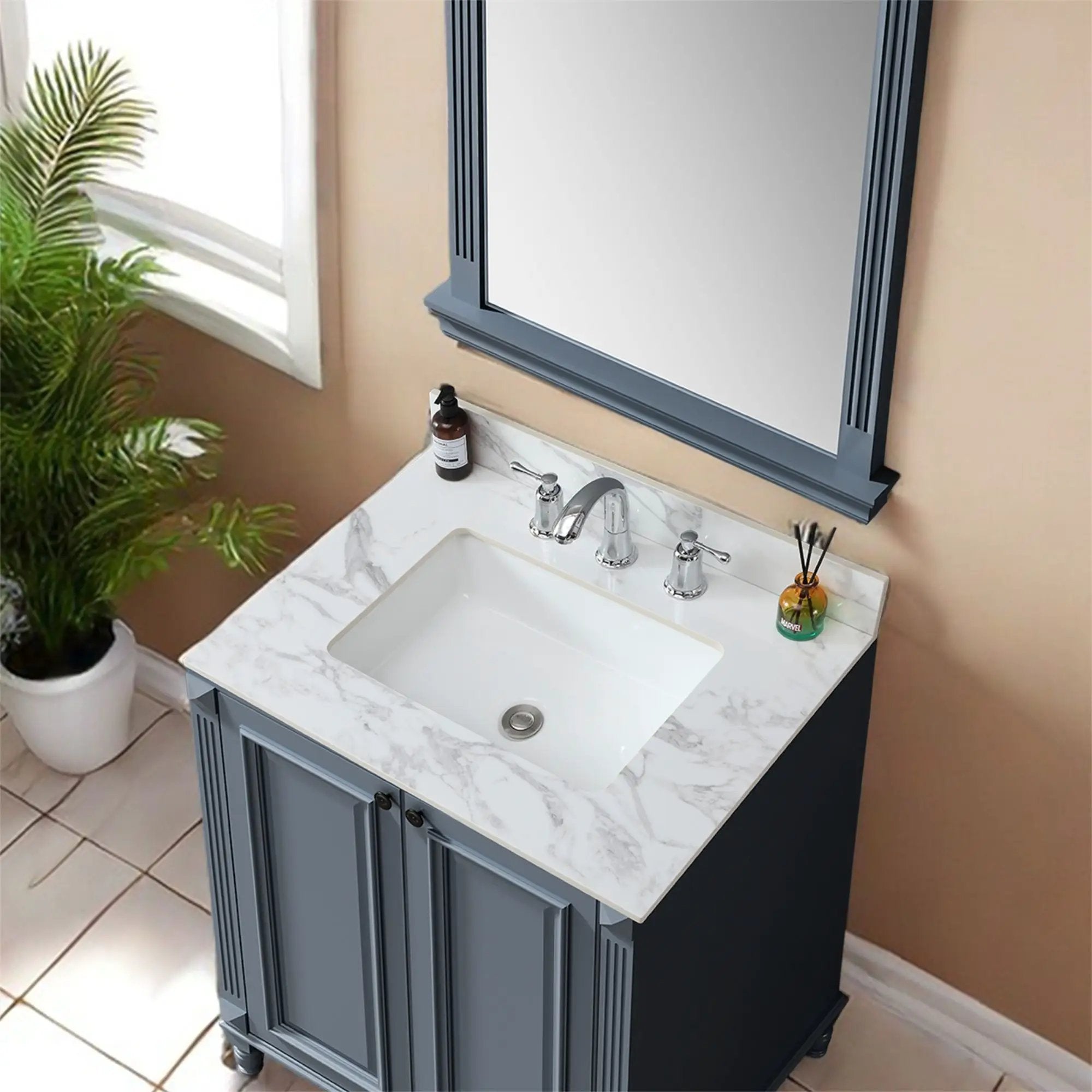 Elegant Sintered Stone Bathroom Vanity Top With Rectangular Undermount Ceramic Sink by HouseOfZazla