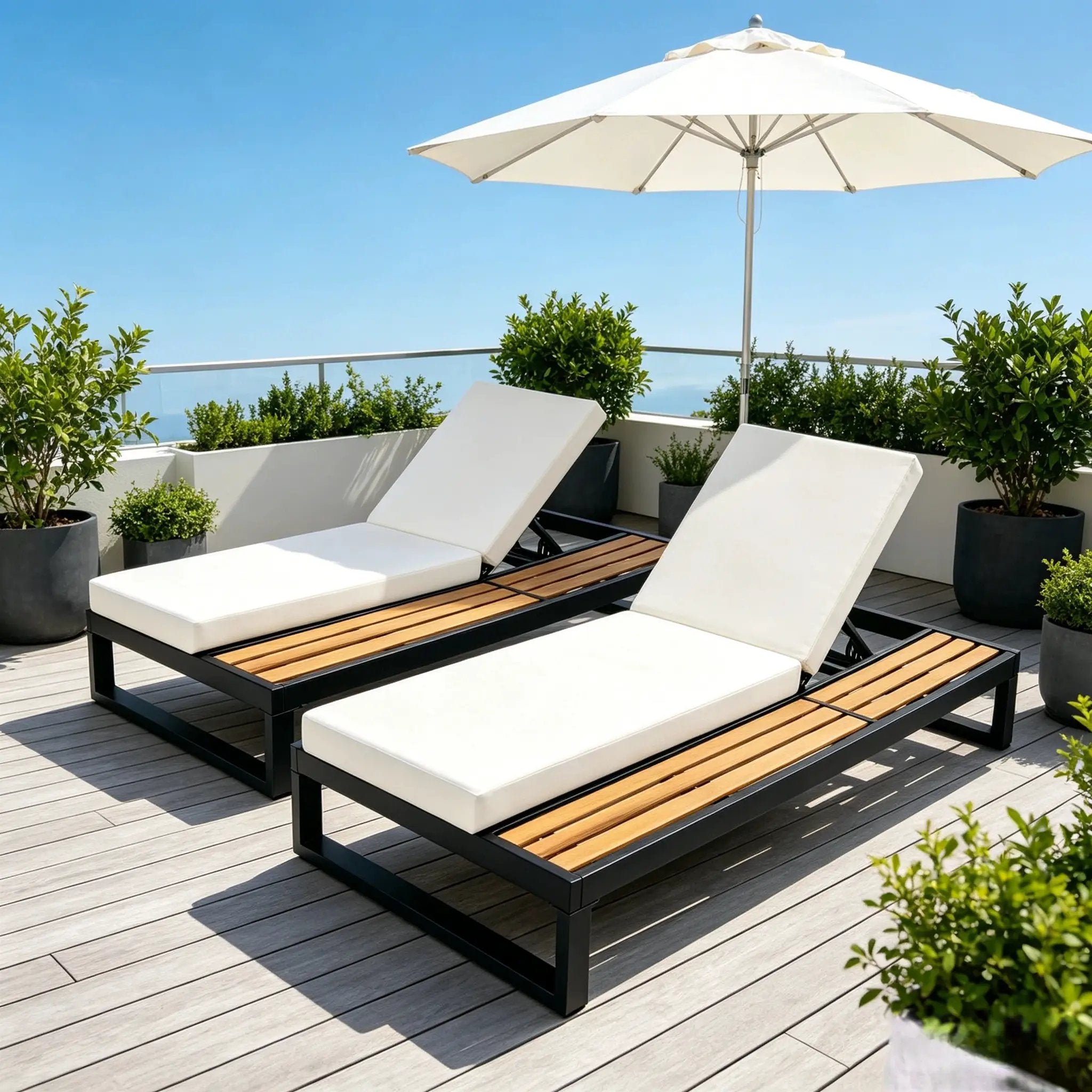 Black Iron & Teak Finish Chaise Lounge Set: 1 Frame + 1 2-Fold by HouseOfZazla