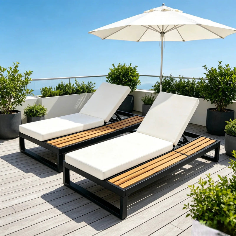 Black Iron & Teak Finish Chaise Lounge Set: 1 Frame + 1 2-Fold by HouseOfZazla