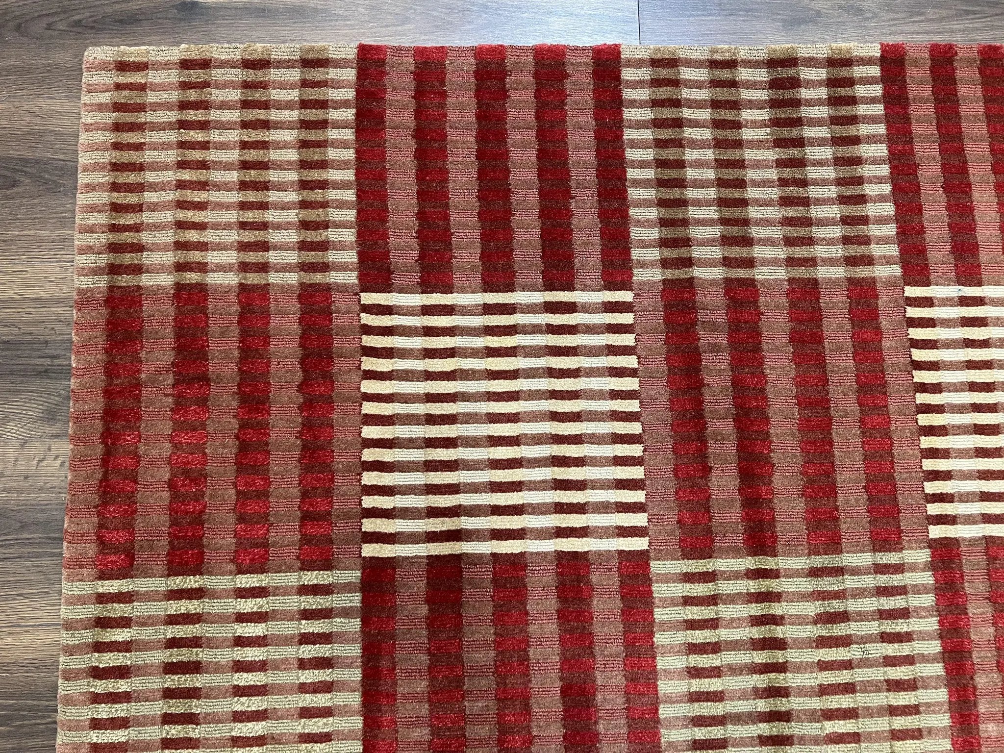 Modern Tibetan Rug 8x10, Hand Knotted Contemporary Nepali Carpet 8 x 10, Checkerboard Design, Red Cream Light Brown, Very Fine Wool & Silk by Jewel Rugs