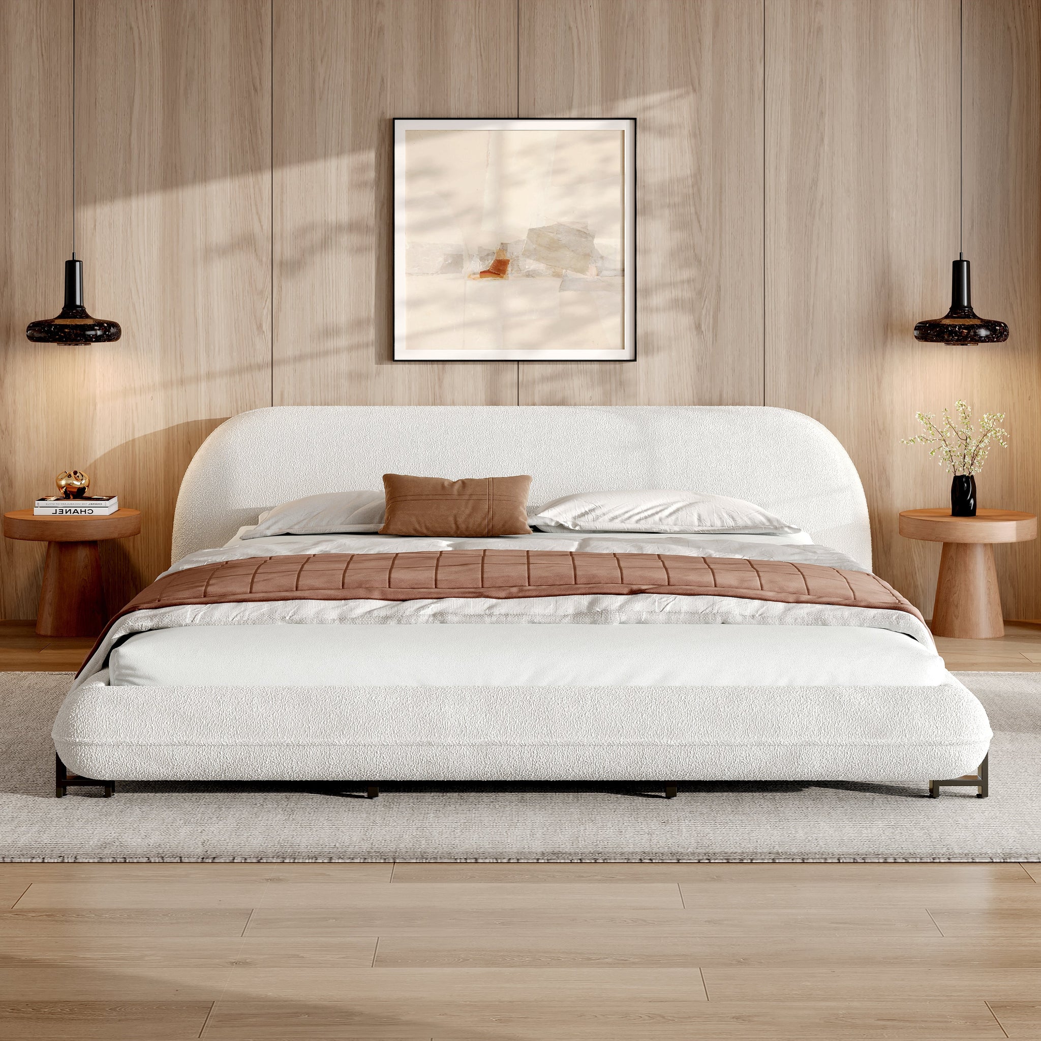 California King Size Bed Frame with Boucle Fabric and Thick Headboard by HouseOfZazla