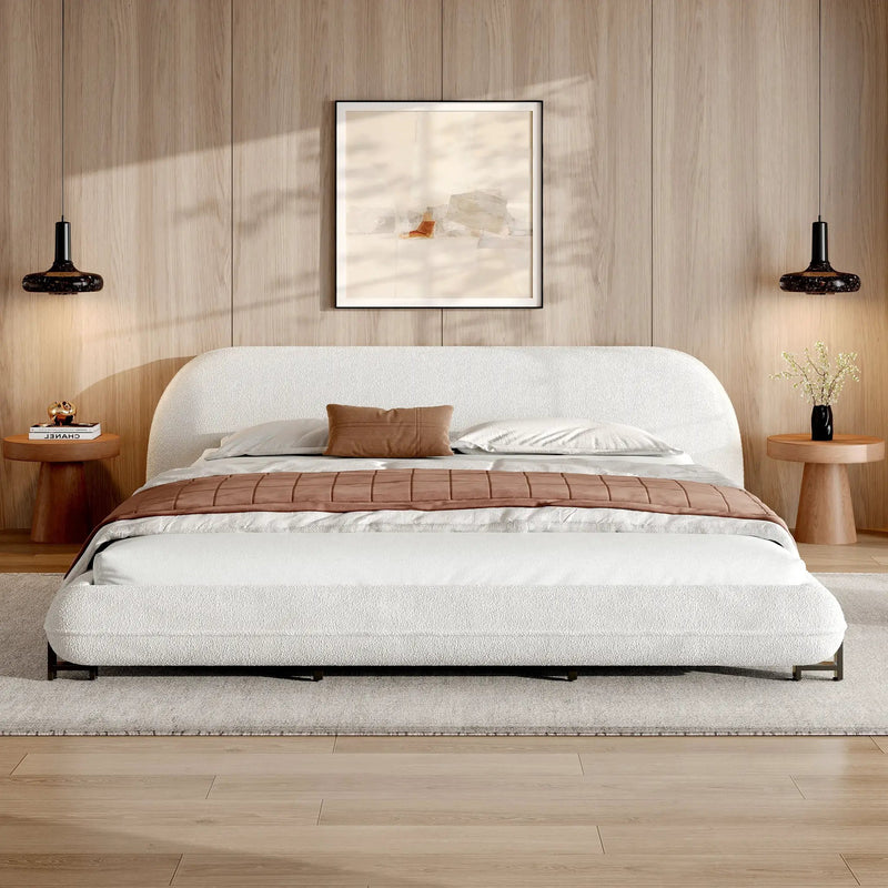 California King Size Bed Frame with Boucle Fabric and Thick Headboard by HouseOfZazla