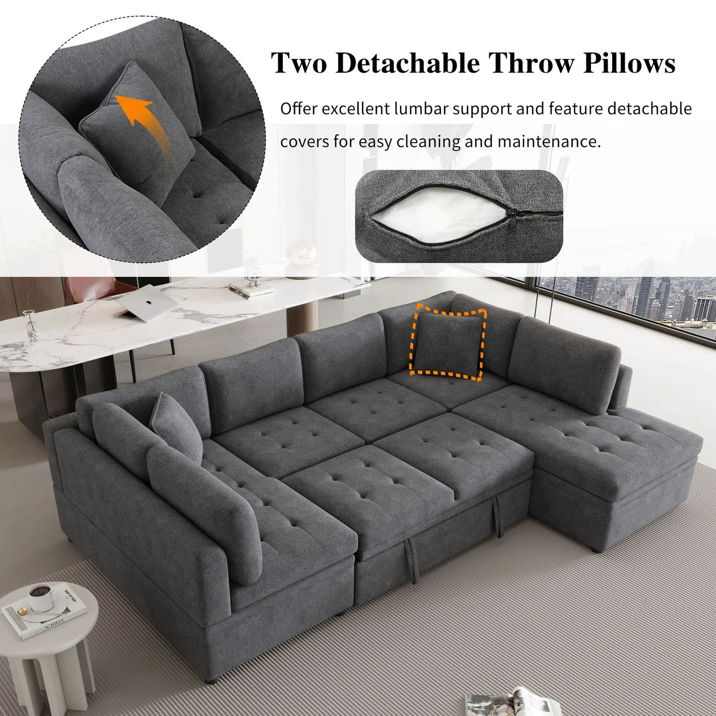 Oversized Sectional Sofa U-Shaped Sofa Couch Pull-Out Sofa Bed With Two Throw Pillows For Living Room by Unique Piece Furniture