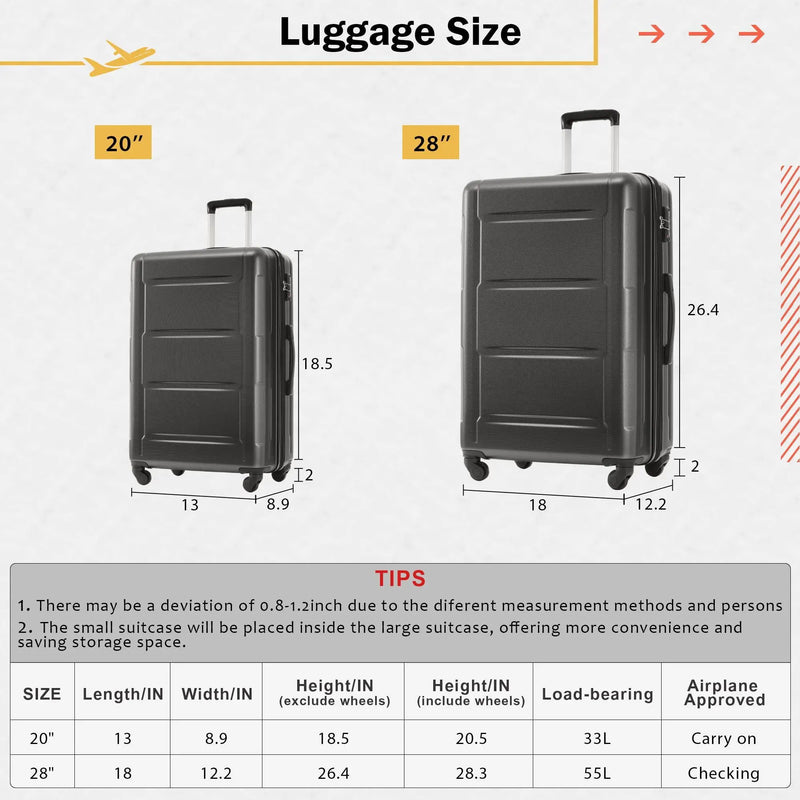 2 Piece Luggage Set With Bags Expanable Spinner Wheels ABS Lightweight Suitcase With Tsa Lock 20" / 28" by HouseOfZazla