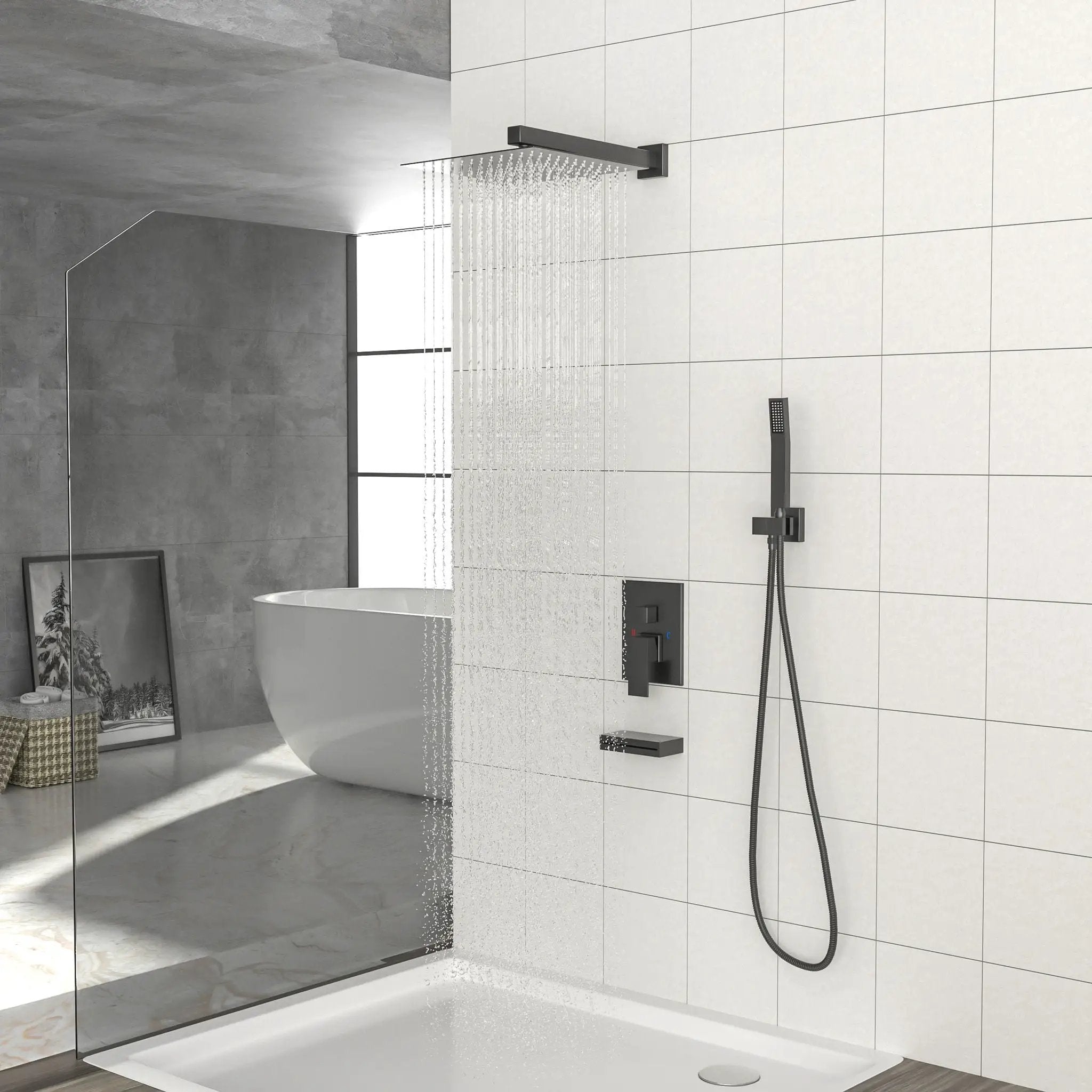 12" Ceiling Mount Square Shower System With Waterfall Tub Spout And Handheld Shower by HouseOfZazla