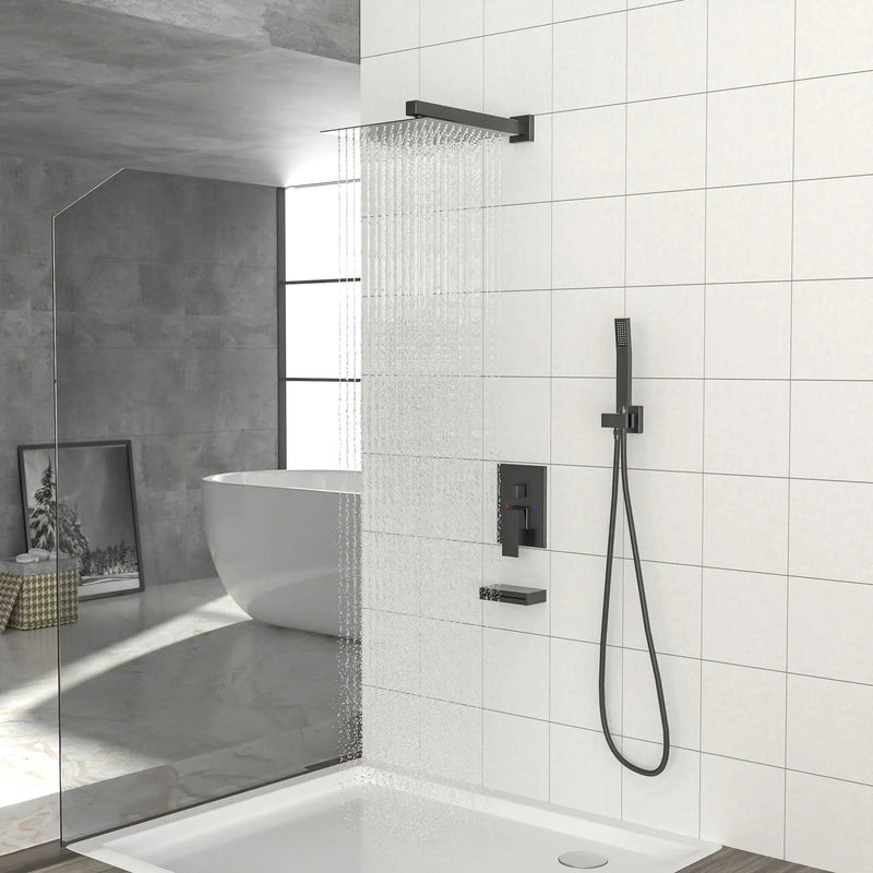 12" Ceiling Mount Square Shower System With Waterfall Tub Spout And Handheld Shower by HouseOfZazla