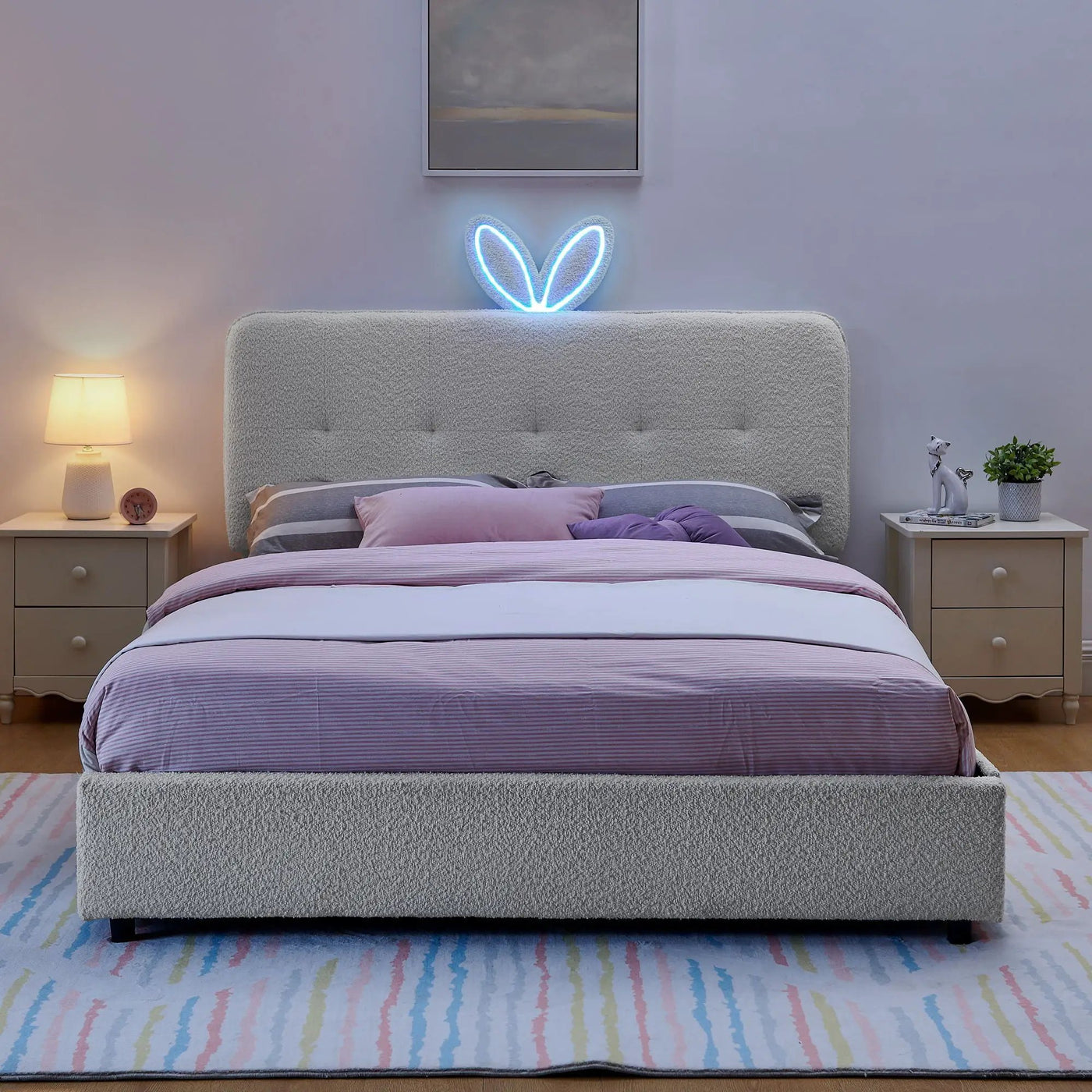 Upholstered Bed With Oversized Rabbit Ear Headboard, LED Lights & 4 Storage Drawers by Unique Piece Furniture