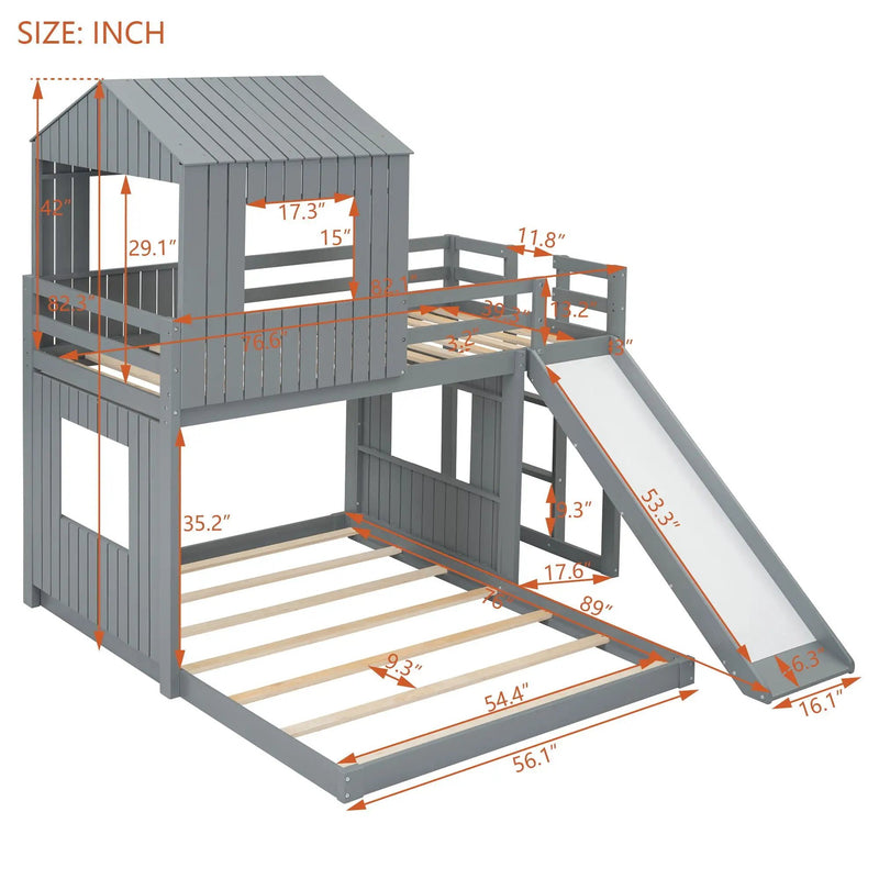 Loft Bunk Bed With Playhouse, Farmhouse, Ladder, Slide And Guardrails by HouseOfZazla
