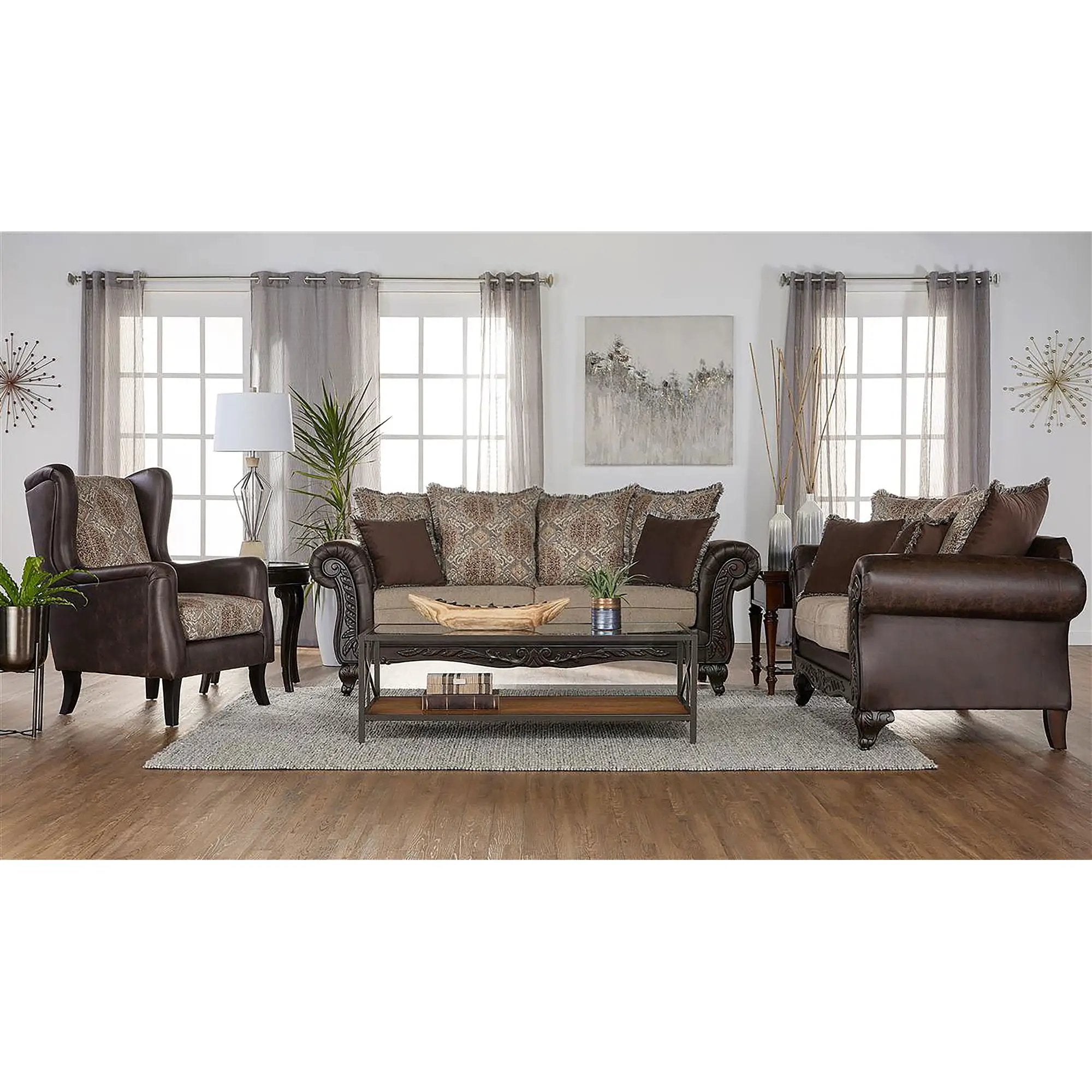Brookridge - Rolled Arm Sofa With Ornate Details And Mixed Upholstery - Brown by HouseOfZazla