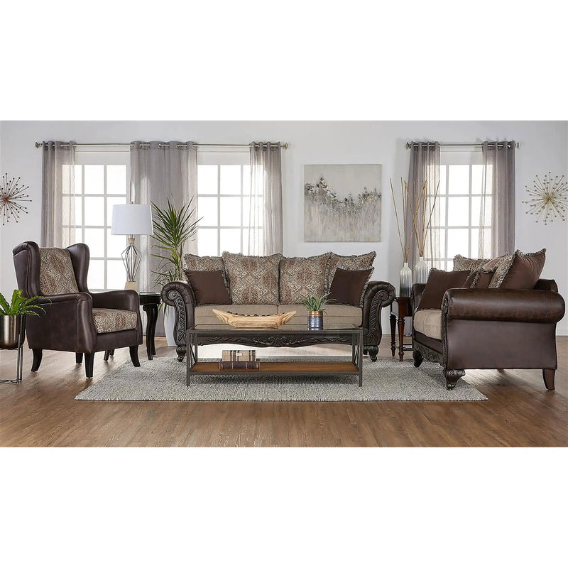 Brookridge - Rolled Arm Sofa With Ornate Details And Mixed Upholstery - Brown by HouseOfZazla