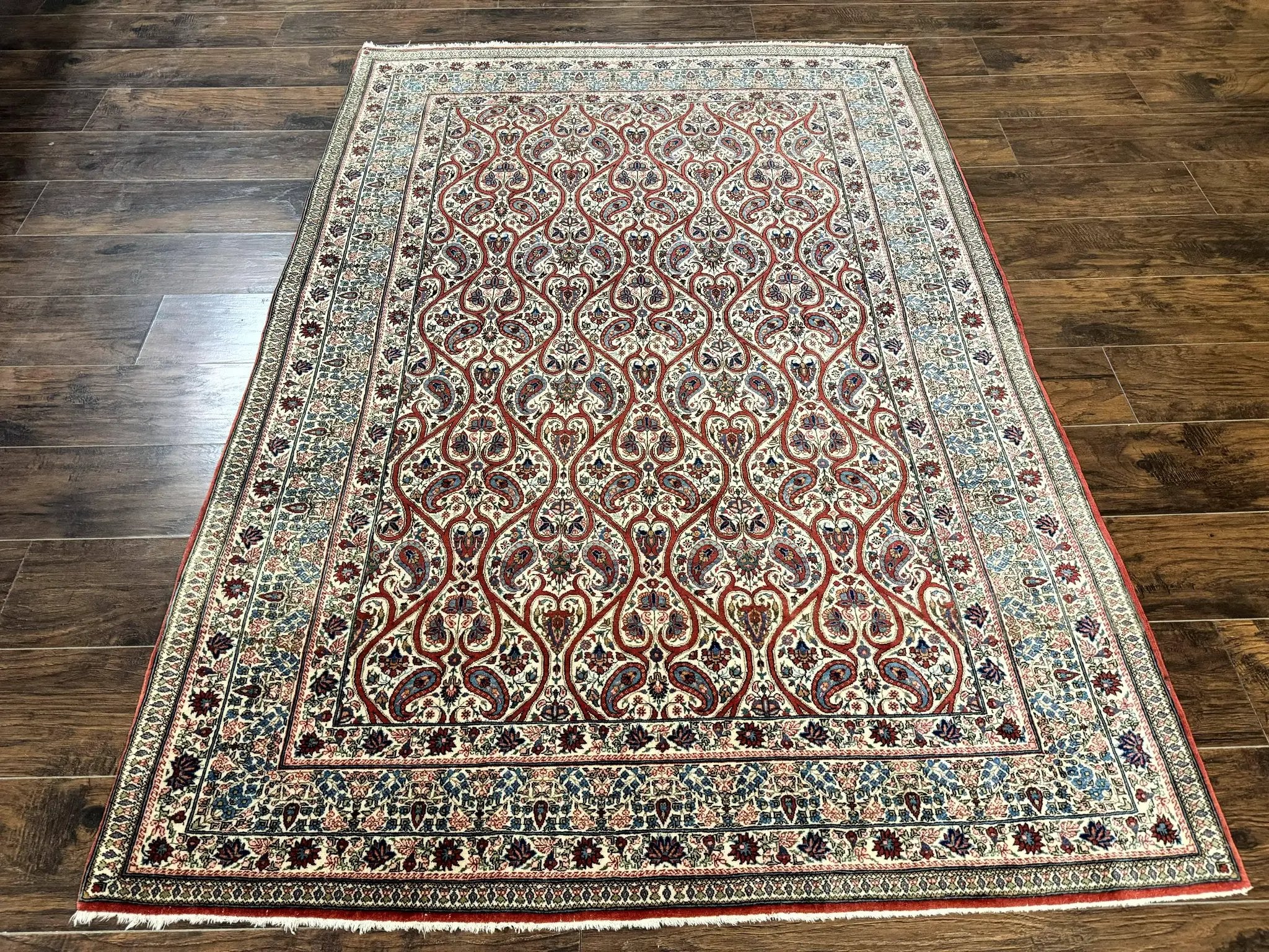 Unique Persian Qum Rug 5x7, Repeated Paisely Boteh Design, Ivory Red Blue, Handmade Antique Wool Persian Carpet, Finely Hand Knotted by Jewel Rugs